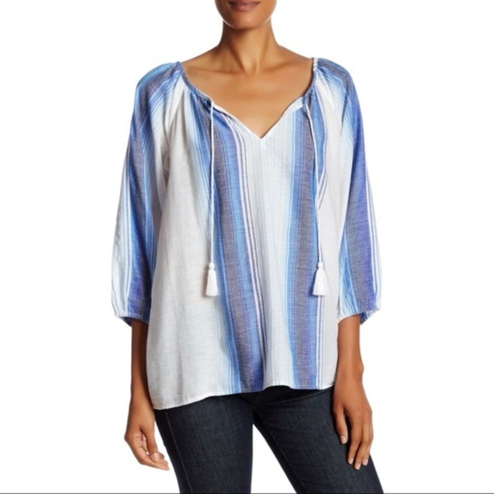 Soft Joie Women’s Legaspi V-Neck Striped Peasant Tassle Blouse Size S